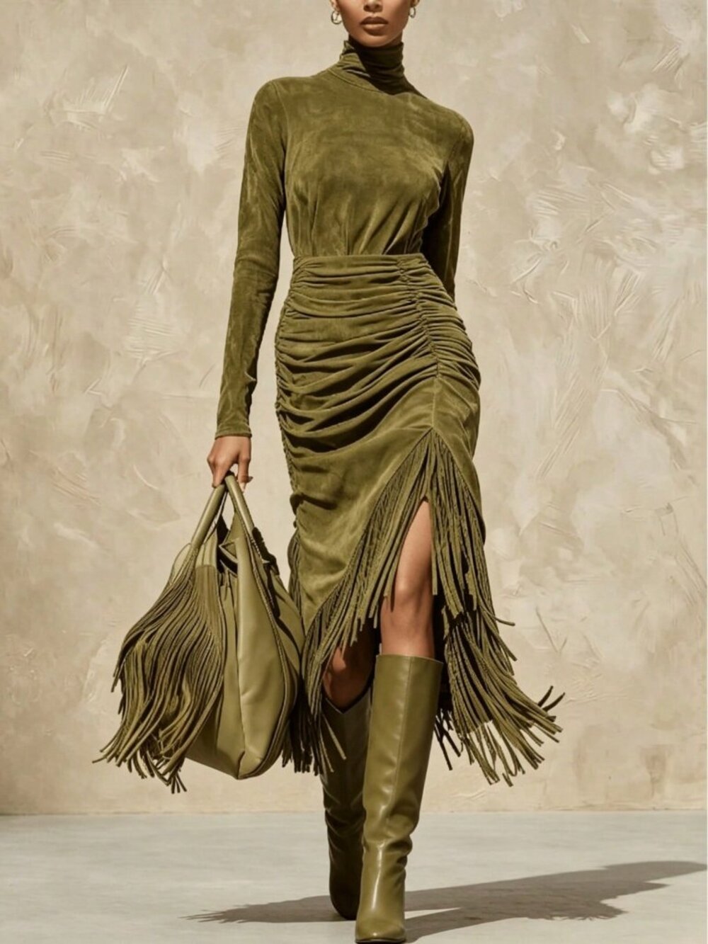 Olive Green Casual Women's High Neck Long Sleeved Plain Loose A-Line Dress